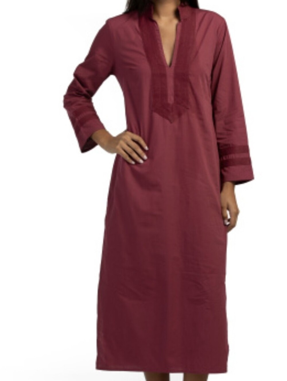 NWT - Sail to Sable Long Sleeve Maroon Cotton Decorative Trim Midi Caftan - Sz M